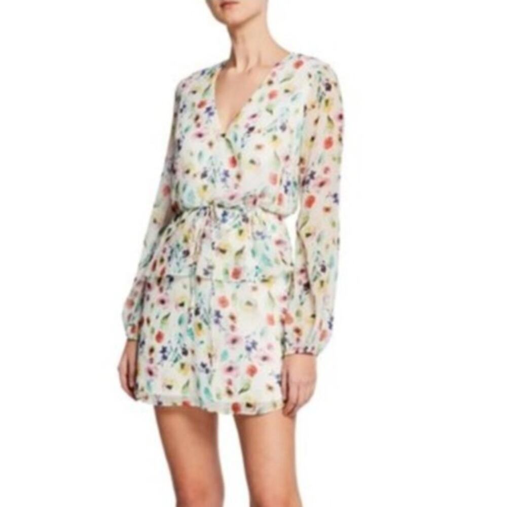 Aidan Mattox Floral Print V-Neck Long Sleeve Mini Dress Size 4 Cream Multi